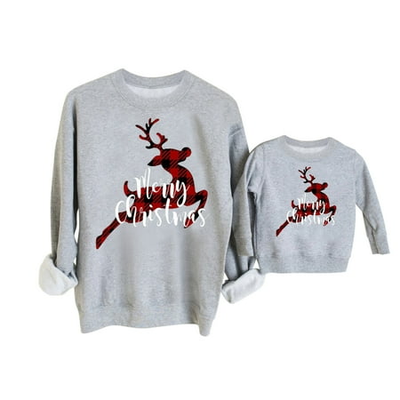 

NECHOLOGY Christmas Plaid Pajamas for Family Kids Casual Sweatshirt Christmas Deer Pajamas for The Whole Family Set Suit Grey Small
