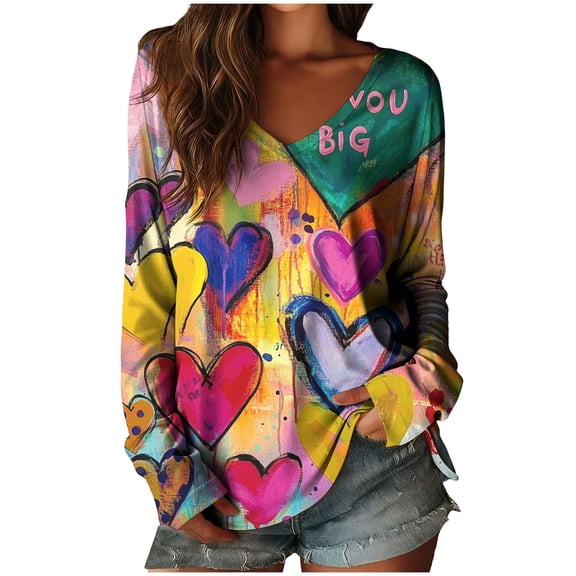 Women's Valentine's Long Sleeve Blouses V Neck Love Heart Printed Tops Lover Couple Shirts Lightweight Slim-Fit Tees Watercolor Graphic Outfits Holiday Vocation Clothes Multicolor S