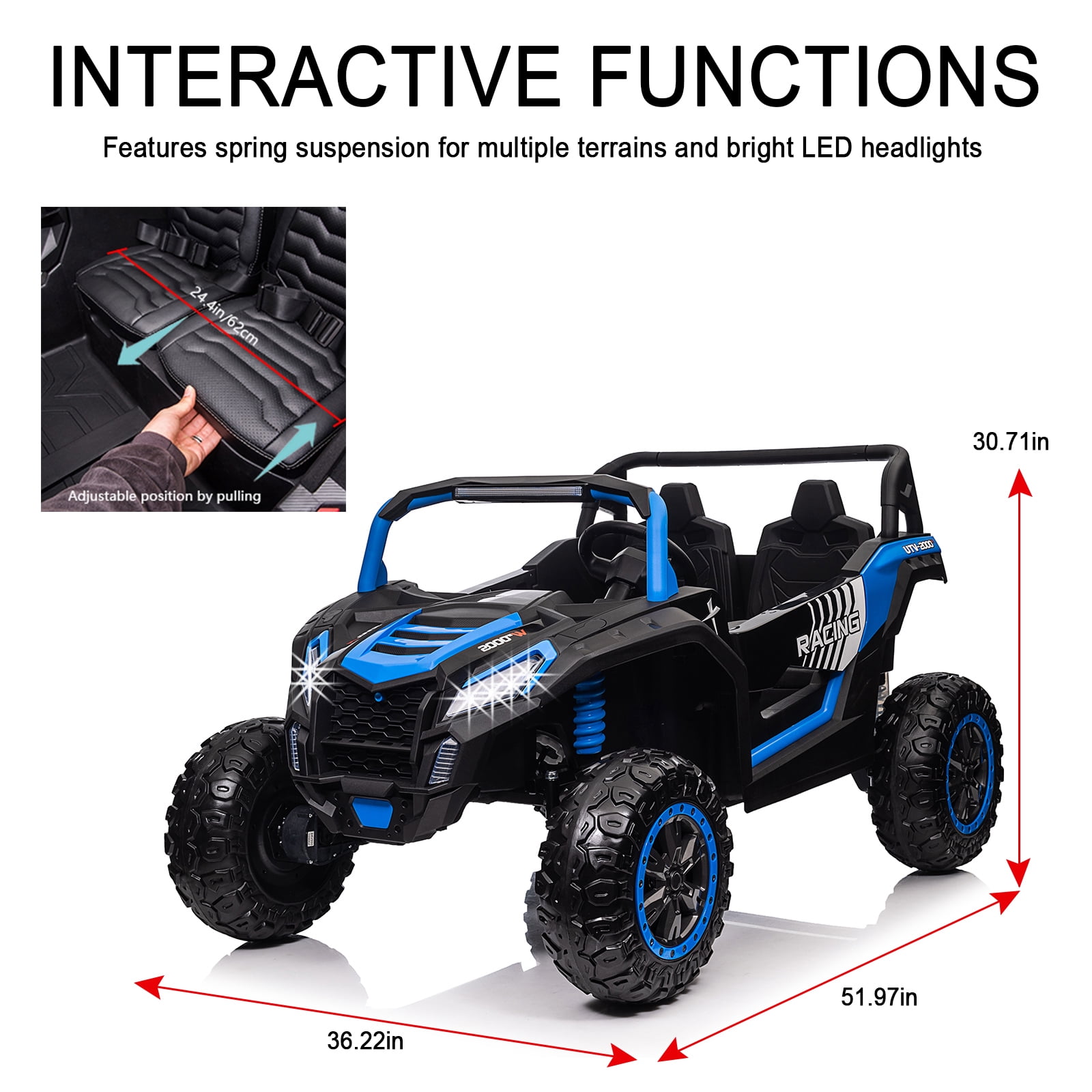 LUIBAS 24V 4WD 2-Seater Battery Powered Ride On Car XXXL Ride On Toys for Big Kids Electric UTV Off-Road Truck Vehicles with Remote Control, EVA Rubber Tires, Bluetooth for Kids 3-12 Year, Blue