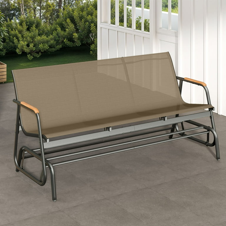 Uforic 3-Person Patio Glider Bench, Brown with Wood Armrests photo 2