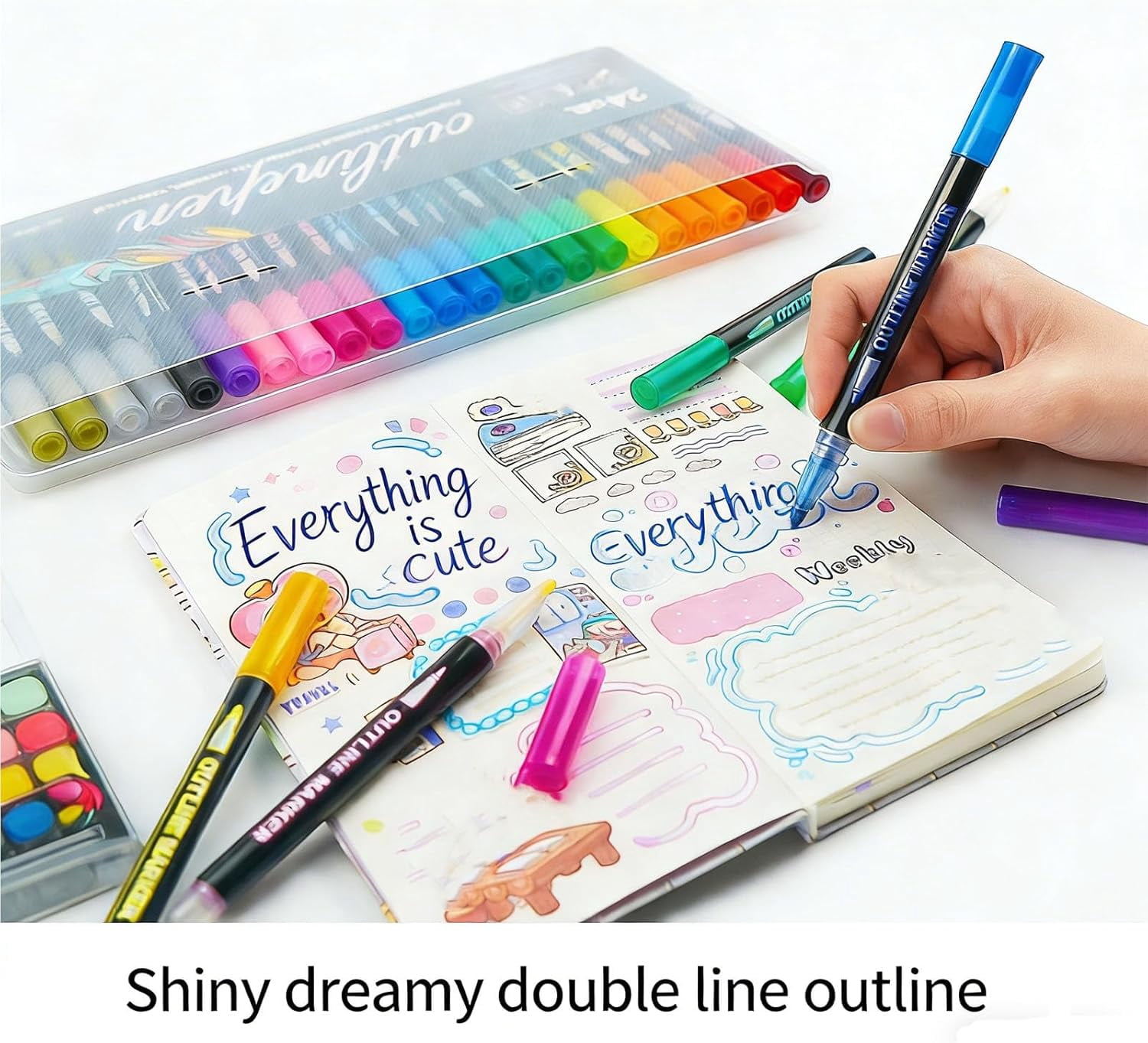 Dreamy Sparkle Dual-Line Contour Pen, Dual-Line Highlighter, Double Line Outline Pen Sparkle Markers, Quick-Dry Ink for Drawing, Coloring & DIY Crafts