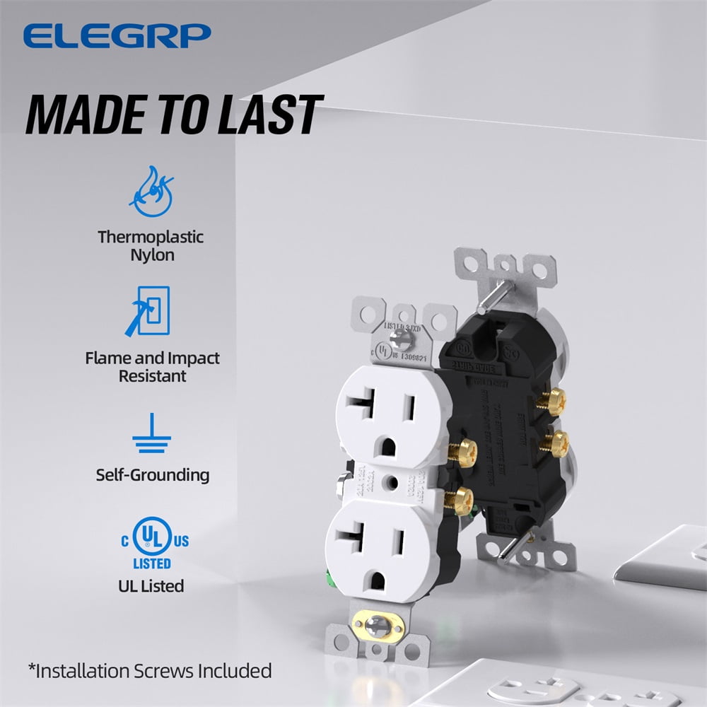 Duplex Receptacle 20A 125V , 2 Pole 3 Wire Standard Electrical Wall Outlet, 5-20R, Self-Grounding, side wire, UL Glossy White, 10 Pack