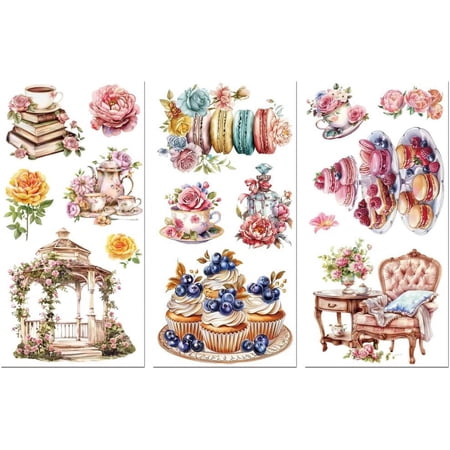 Rub on Transfer Decals for Furniture Crafts Decor Flower and Afternoon Tea 6"x12" 3Pcs Waterproof UV Transfer Decals Sticker for Lingerie Chests Drawer Dresser Glass Porcelain Wood Plastic