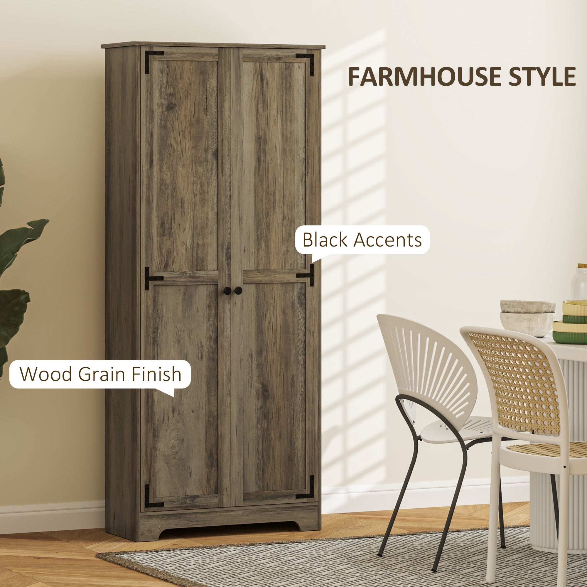 HOMCOM 72" Farmhouse Pantry Cabinet with Storage, Food Pantry Cabinet with Adjustable Shelves, Tall Storage Cabinet with 2 Doors, Distressed Gray