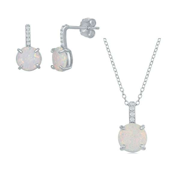 925 Sterling Silver Rhodium Plated 9mm Prong Round White/Blue Created Opal with Cubic Zirconia Bar Necklace and 8mm Round Earrings Jewelry Set