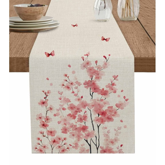 Pink Floral Blossom Table Runner Cotton Linen 36 Inch Holiday Dresser Scarves, Spring Pastoral Botanical Vintage Tablerunner for Kitchen Coffee Dining Bedroom Dinner Scarf Décor 13''x36''