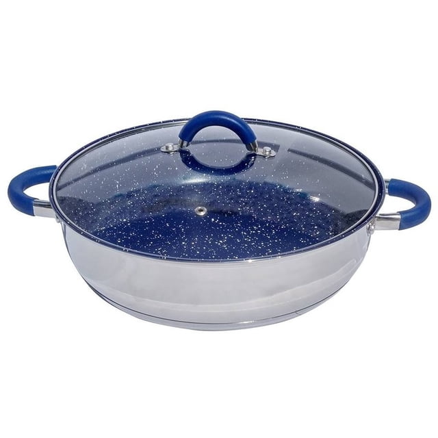 arrocera acero inox 24 cm con recubrimiento de mármol modelo y203-maz24 yajad hogar Arrocera/olla arrocera de acero inoxidable 24 x 6.5 cm, capacidad 2.9 L; vista frontal con tapa de cristal templado, interior azul con recubrimiento antiadherente tipo mármol moteado, fondo difusor y asas con cubiertas de silicón azul. Apta para gas, inducción y vitrocerámica; también suele usarse para cocinar guisos pequeños.