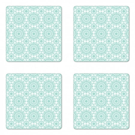 

Oriental Coaster Set of 4 Mandala Oriental Image with Ivy Swirl Lace Like Detailed Artwork Print Square Hardboard Gloss Coasters Standard Size Aqua and White by Ambesonne