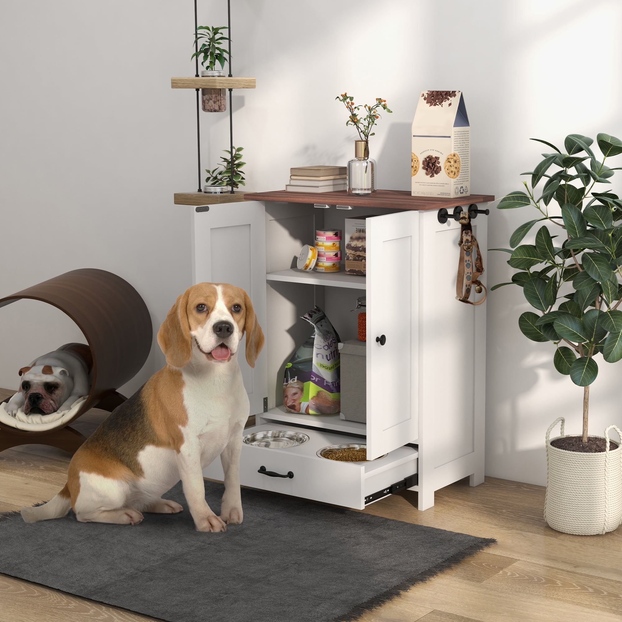 Dog Bed PawHut Dog Feeding Station, Dog Food Storage Cabinet with Hidden Dog Bowls, Adjustable Panel, Hooks for Medium Sized Dogs, White,Large Dog Bed