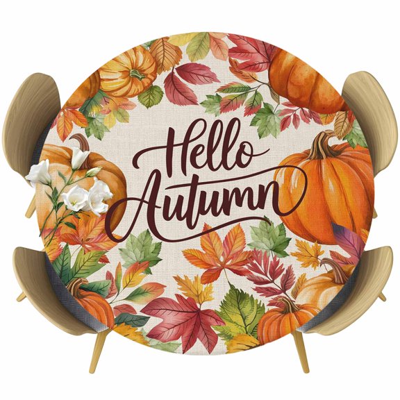 Orange Pumpkins Round Tablecloth, Fitted Table Cover with Elastic for 55"-60" Round Tables, Farmhouse Rustic Watercolor Botanical Table Cloth Outdoor Indoor Dinning Party Waterproof Tablecloths