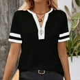 thumbnail image 3 of Fesfesfes Women's Summer T-Shirt Leisure Short Sleeve Contrast Stripe Collar Cuffs V-neck Tops Trendy Breathable Daily Wearing Blouses(Black,L), 3 of 8