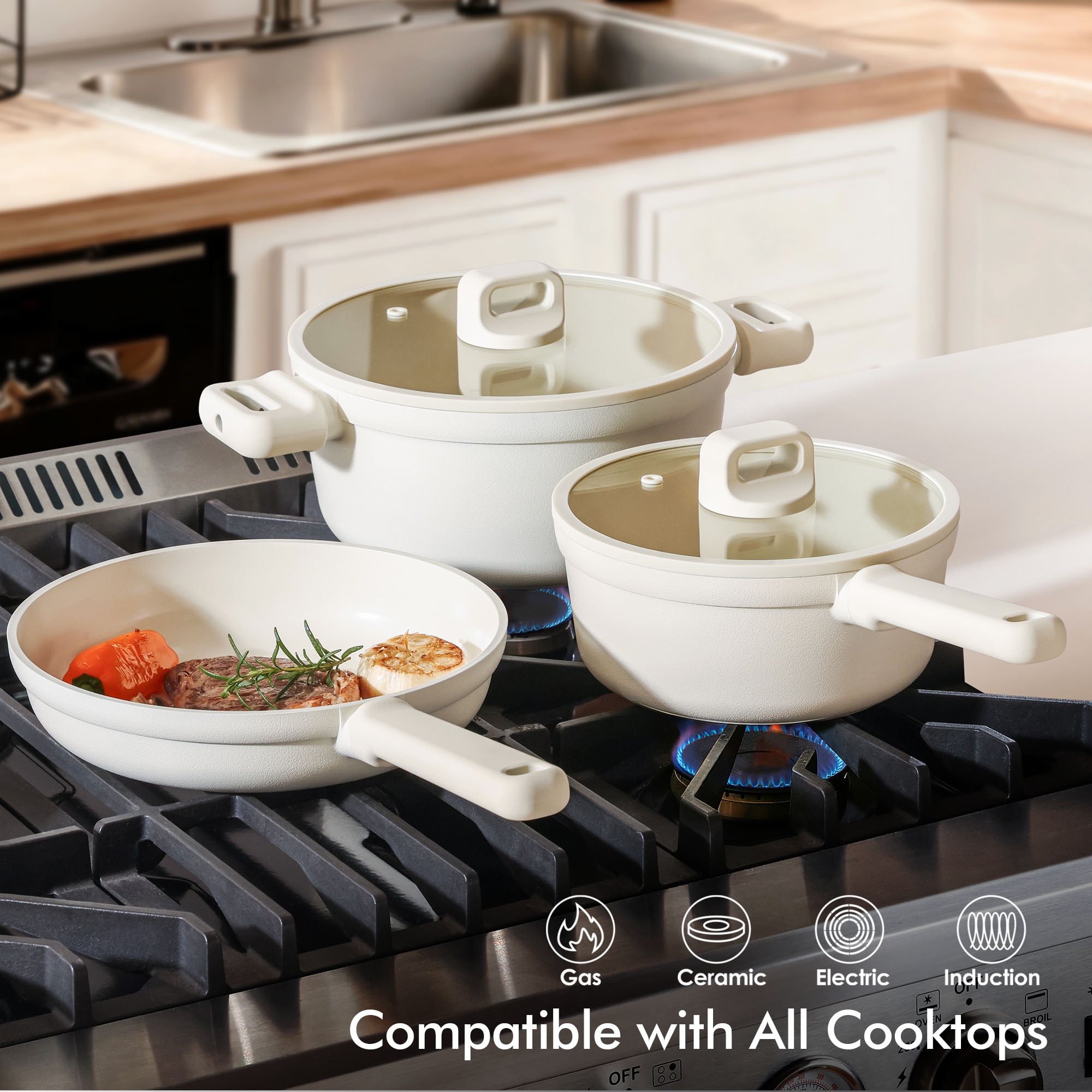 SENSARTE 24-Piece Ceramic Pots and Pans Set, White Induction Nonstick Cookware Set, Healthy Kitchen Cooking Sets with Stay-Cool Handles, Dishwasher Safe, Stackable