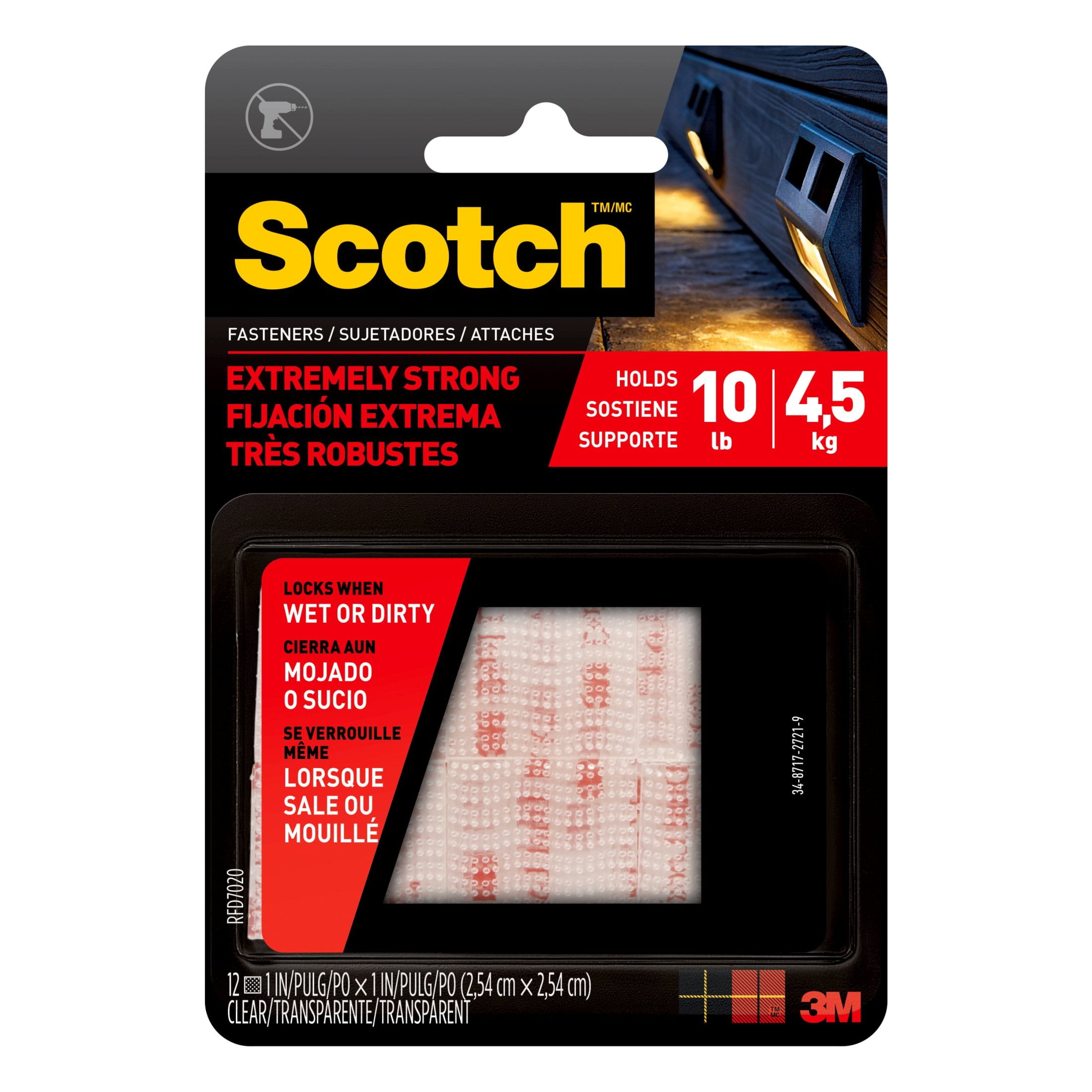 (2 pack) Scotch Extreme Fasteners, Clear, Plastic, 1 in x 1 in, 12 Count, RFD7020, Holds 10 lbs