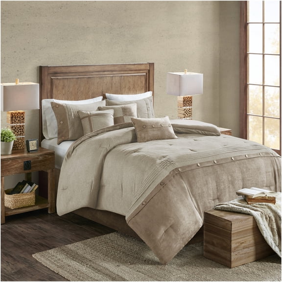 JERFIT 7-Piece Faux Suede Comforter Set in Tan, California King Bedding Ensemble with Decorative Pillows & Bed Skirt
