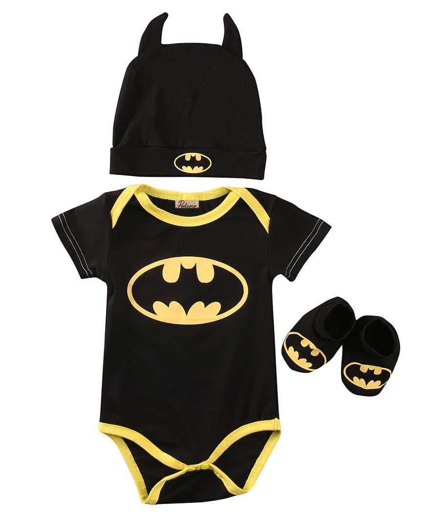 Newborn Infant Baby Boys Batman Rompers+Shoes+Hat Outfits 3Pcs Set Clothes  Gift Batman Cloth Suit Babysuit 