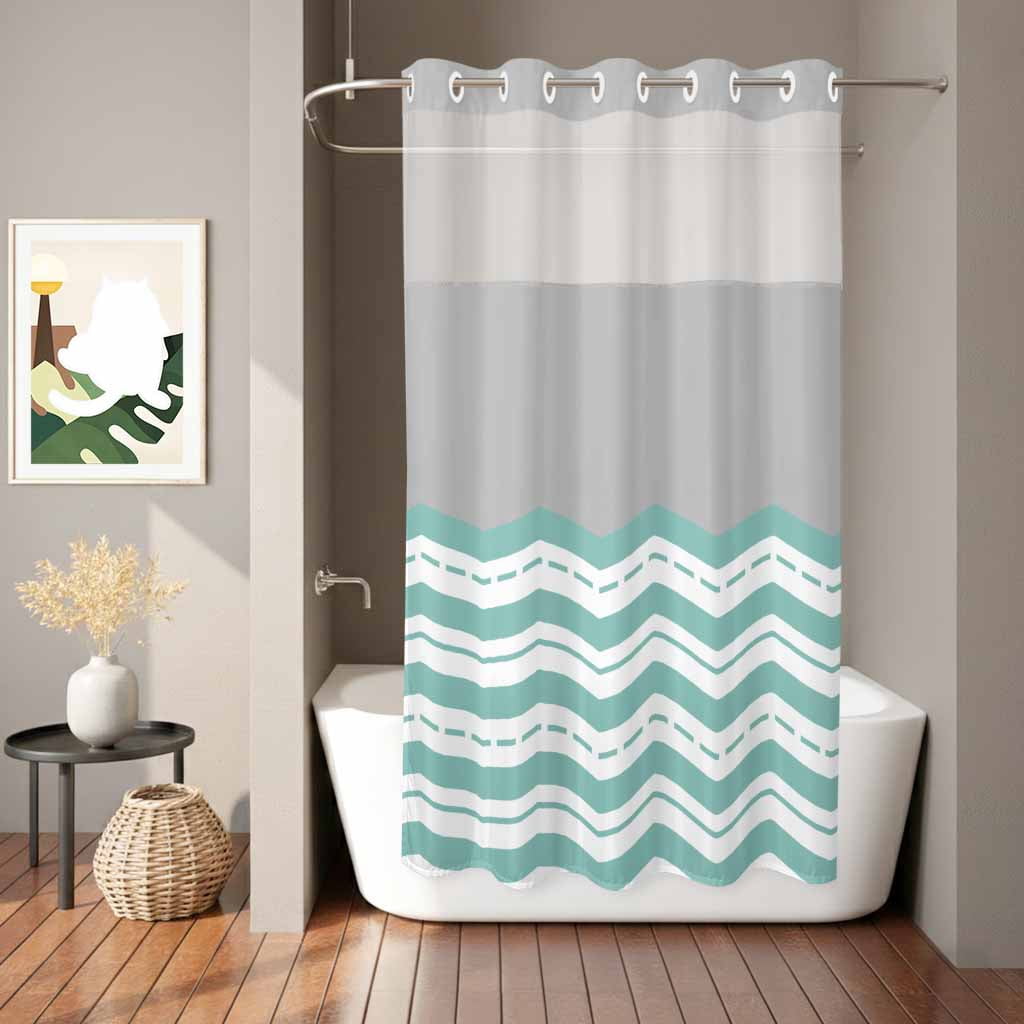 No Hook Shower Curtain Grey Turquoise Waves Shower Curtain for Bathroom Chevron Stripe Bath Curtains Waterproof Fabric with See Through Top Window for Spa Hotel 36x72 Inch
