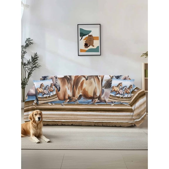 Modern Art Horse Couch Cover, Vintage Western Animals Watercolor Sofa Cover Blanket for 1 Seat Cushion, Sectional Sofa Slipcover Furniture Protector for Living Room Bedroom 71''x91''