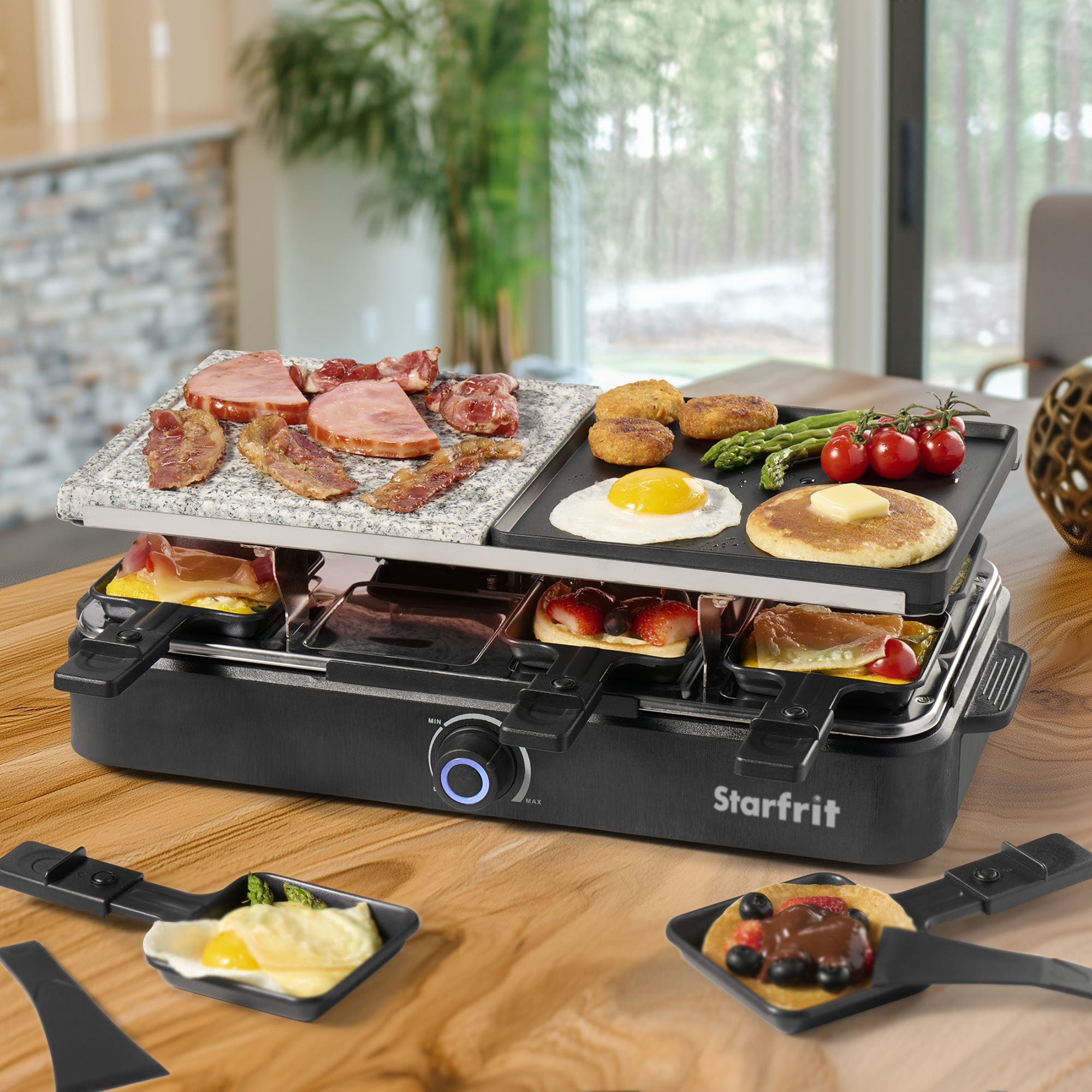 Starfrit 8-Person Raclette Party Grill, 2-in-1 Die-Cast Aluminum & Cooking Stone, Adjustable Temperature, 8 Spatulas & Dishes, 1300W, Hand Wash, Black, 2-in 1 Grill or griddle