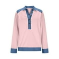 thumbnail image 5 of jobturf Womens Tops Patchwork Color Block Denim Trim Henley Shirts Comfy Loose Pullover Sweatshirts Dressy Casual Collared Long Sleeve Blouses, 5 of 9