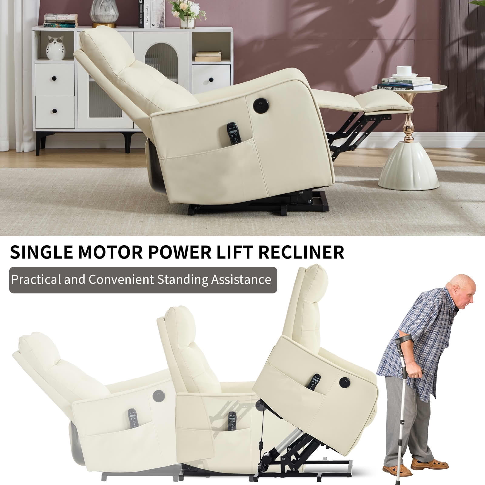 MAYEERTY Beige PU Leather Power Lift Recliner Chair, Massage Heat USB Port 25"x36"x39" for Elderly