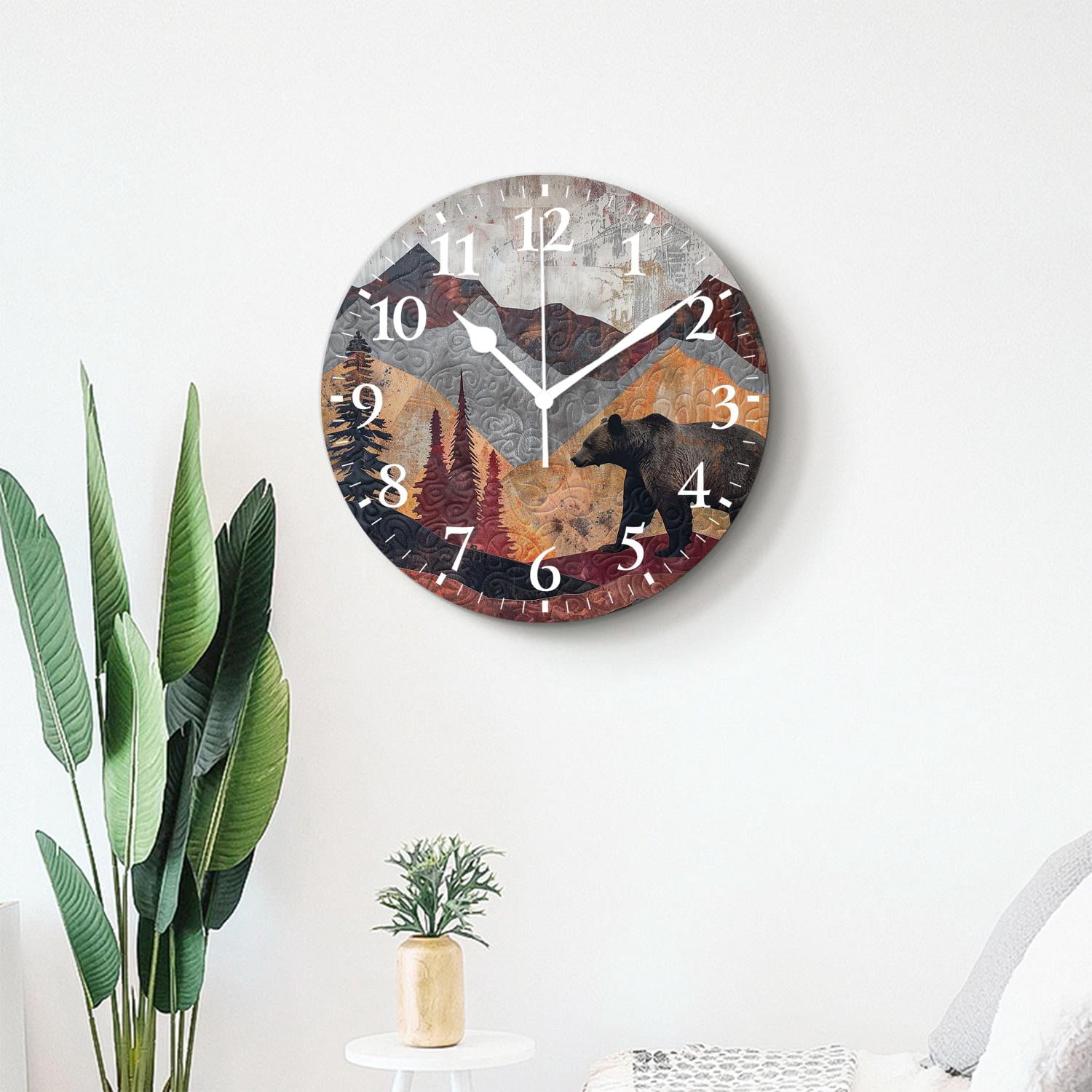 10 Inch Wall Clock Battery Operated Silent Clock Decorative for Office, Kitchen, Outdoor, Living RoomRustic Lodge Bears Moose Deers Adorable