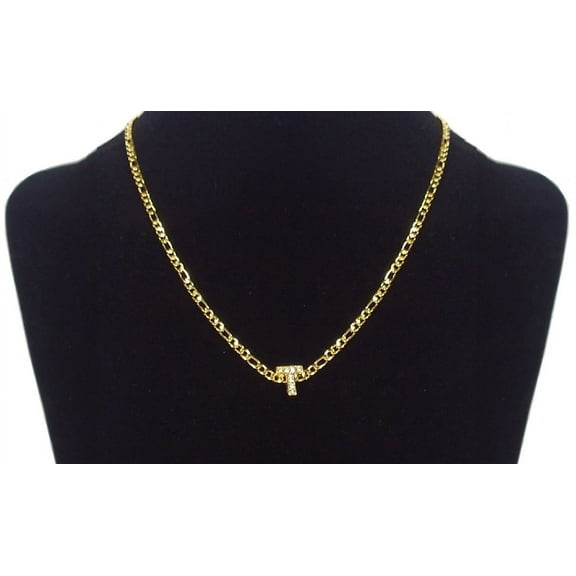 18K Yellow Gold-Plated 18-Inches Figaro Initial Letter 'T' Pendant Bling Charm Chain Necklace Set Gift