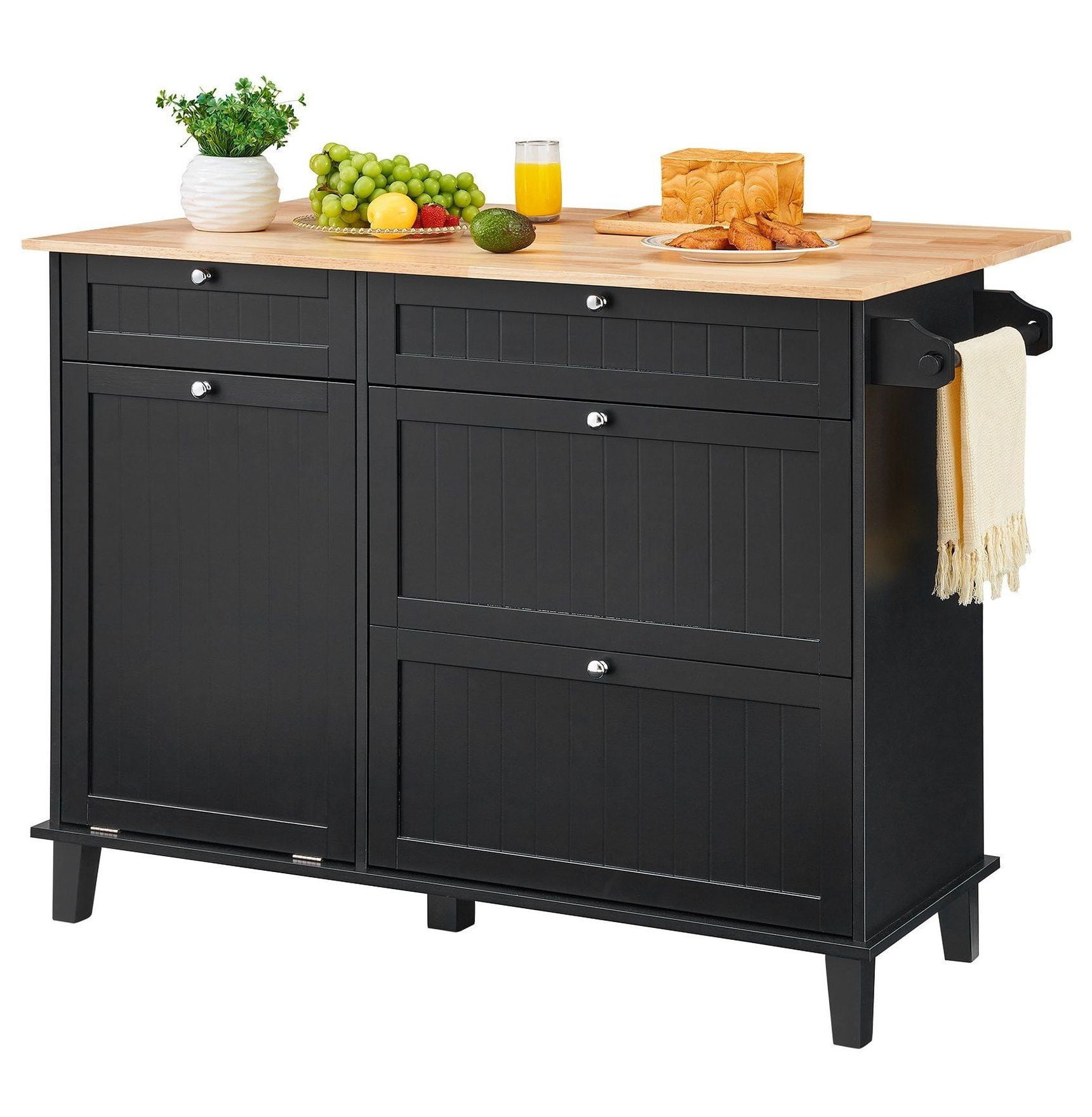 Kitchen Island Cart, 50" Wood Top with Trash Cabinet, Drop Leaf, Towel Bar - Farmhouse Table for Kitchen, Dining, Living Room - Black