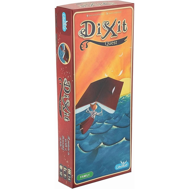 juego de mesa dixit quest libellud con 84 cartas nuevas para mayores de 8 años Caja vertical con ilustración de un libro gigante flotando sobre olas azules, una persona con capa junto al libro y cielo anaranjado con lunas crecientes; logo Libellud y sello "Family" visibles en la portada, y lomo con el título.