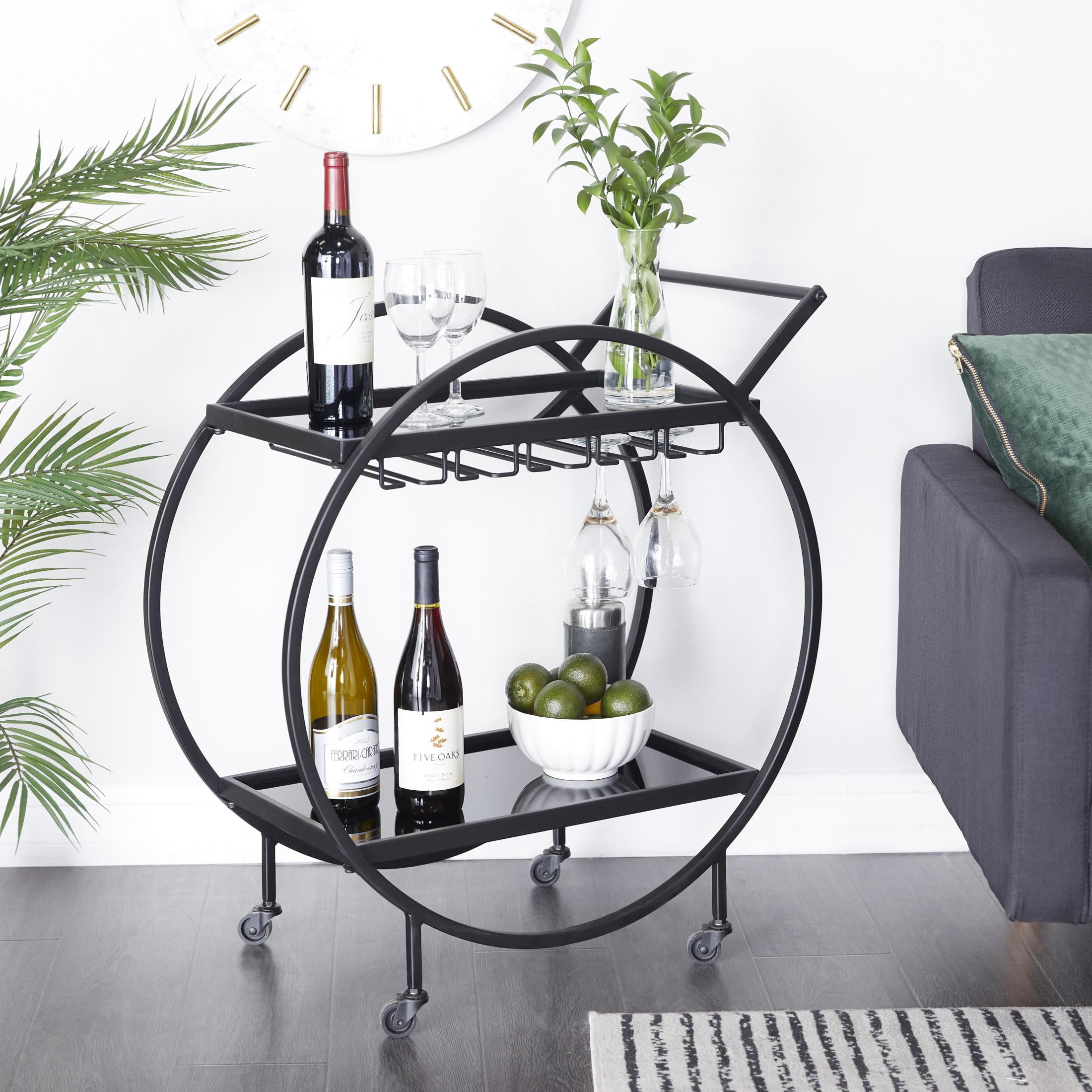 DecMode 28" x 31" Black Metal Rolling 2 Shelf Bar Cart with Wine Glass Storage and Handle, 1-Piece