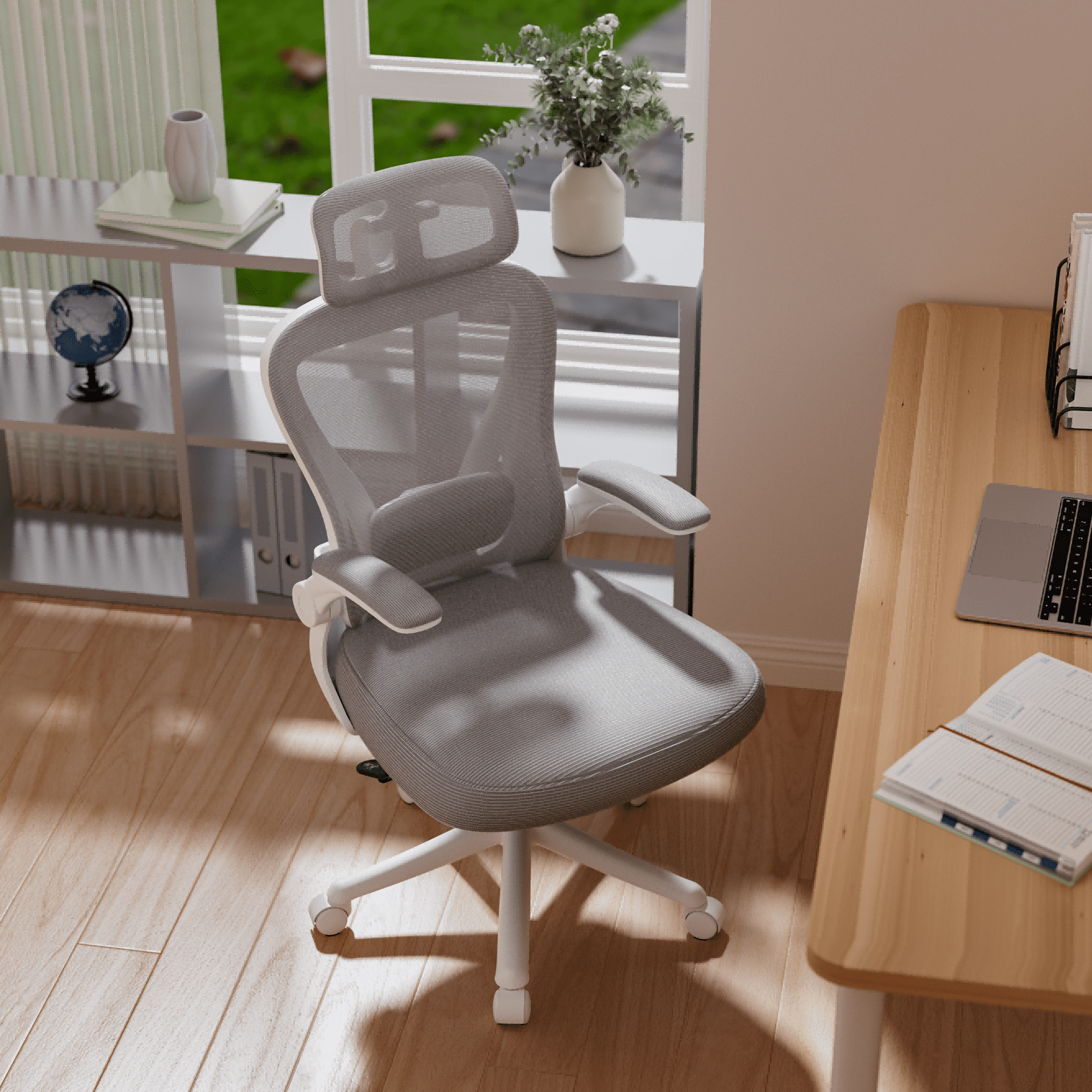 HomeZeer Desk Chairs with Wheels, Mesh Office Chair with Lumbar Support, Ergonomic High Back Office Chair with Adjustable Headrest and Flip-up Arms, Executive Office Chair Home Office, White & Gray