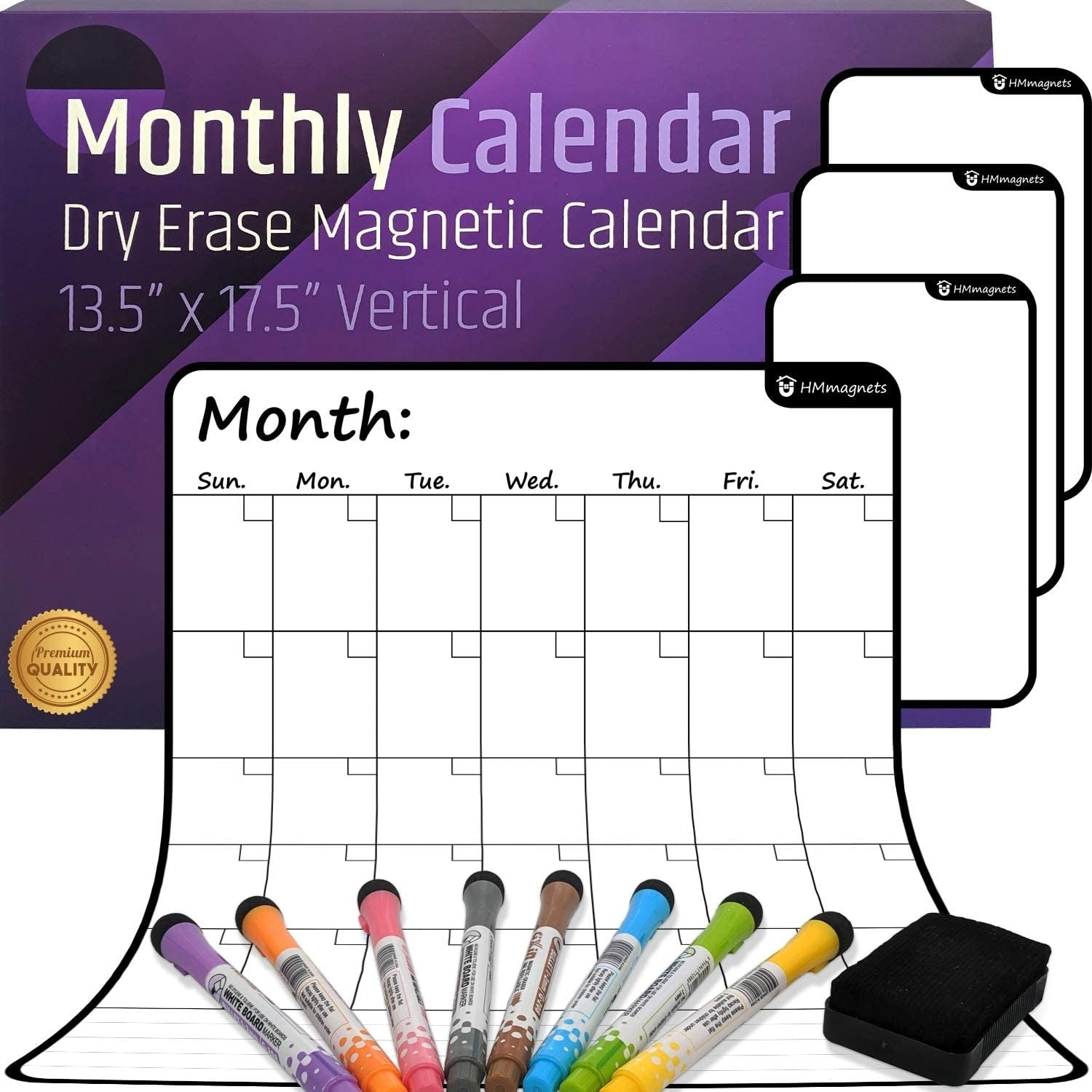 Large Dry-Erase Magnetic Monthly Calendar + Free Bonus: 3 Grocery/to-Do List Whiteboards (Organizer/Planner) for Kitchen Fridge - Full Set: 8 Markers + Eraser | Stain Free | Vertical