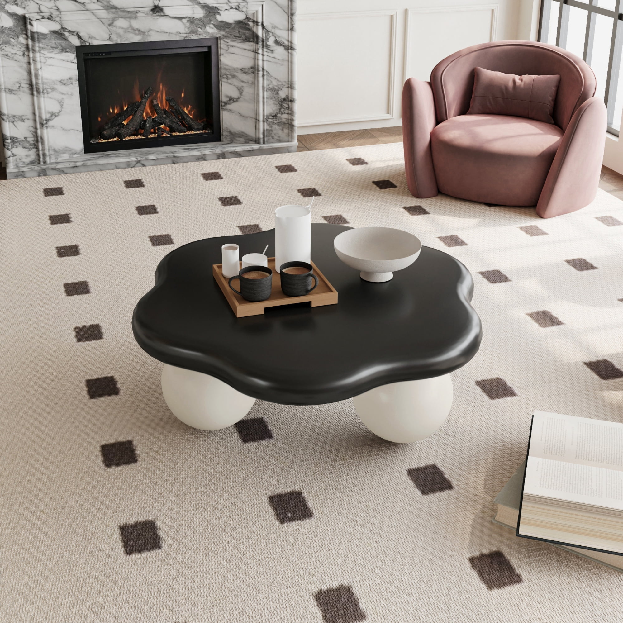 35" Cloud Shaped Coffee Table, Petal-Shaped Modern Minimalist Coffee Table with Spherical Legs, Kid & Pet Friendly Space Saving Center Table Tea Table for Small Apartment