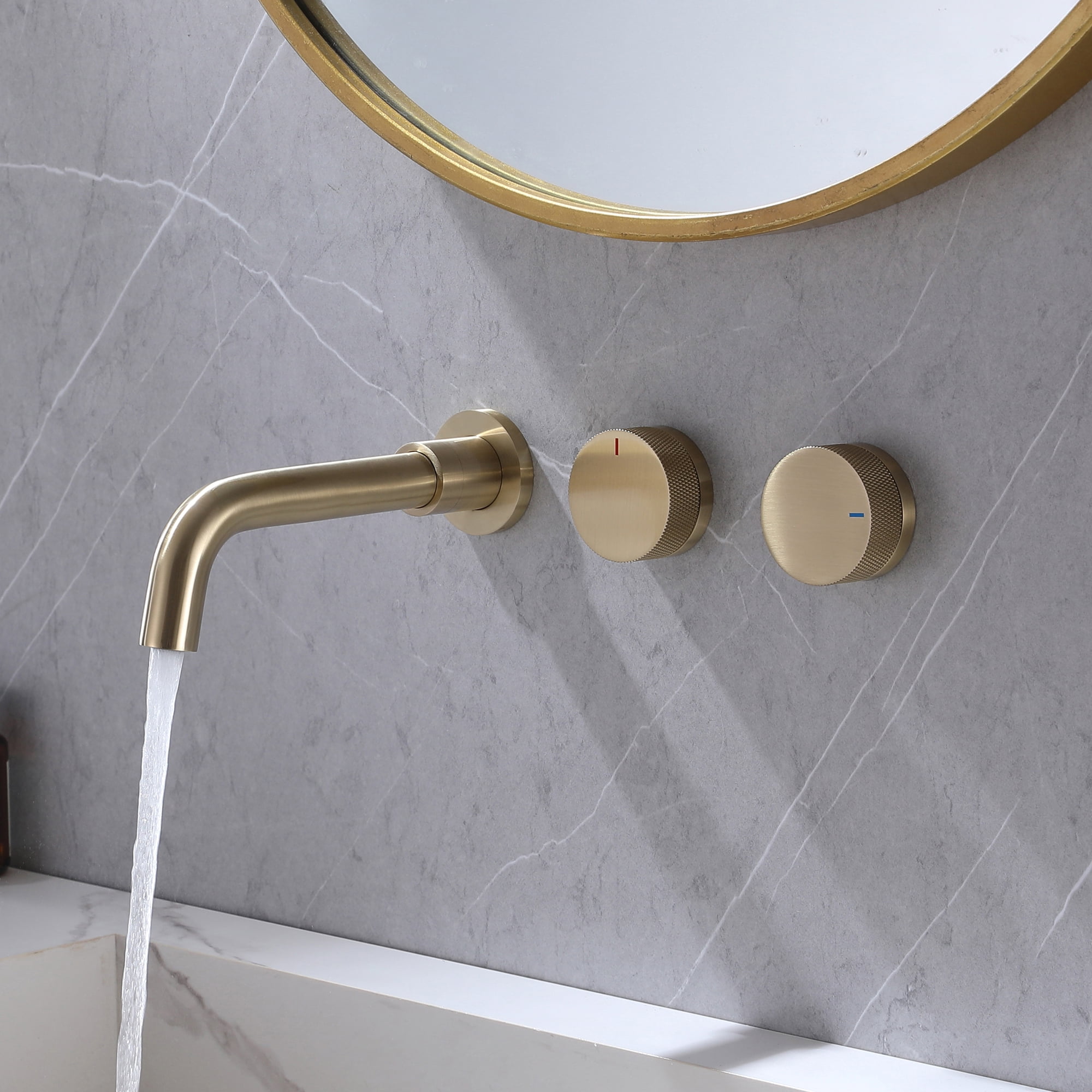 Wall Mounted Three Hole Bathroom Sink Faucet, Double Knob Handles Basin Faucet
