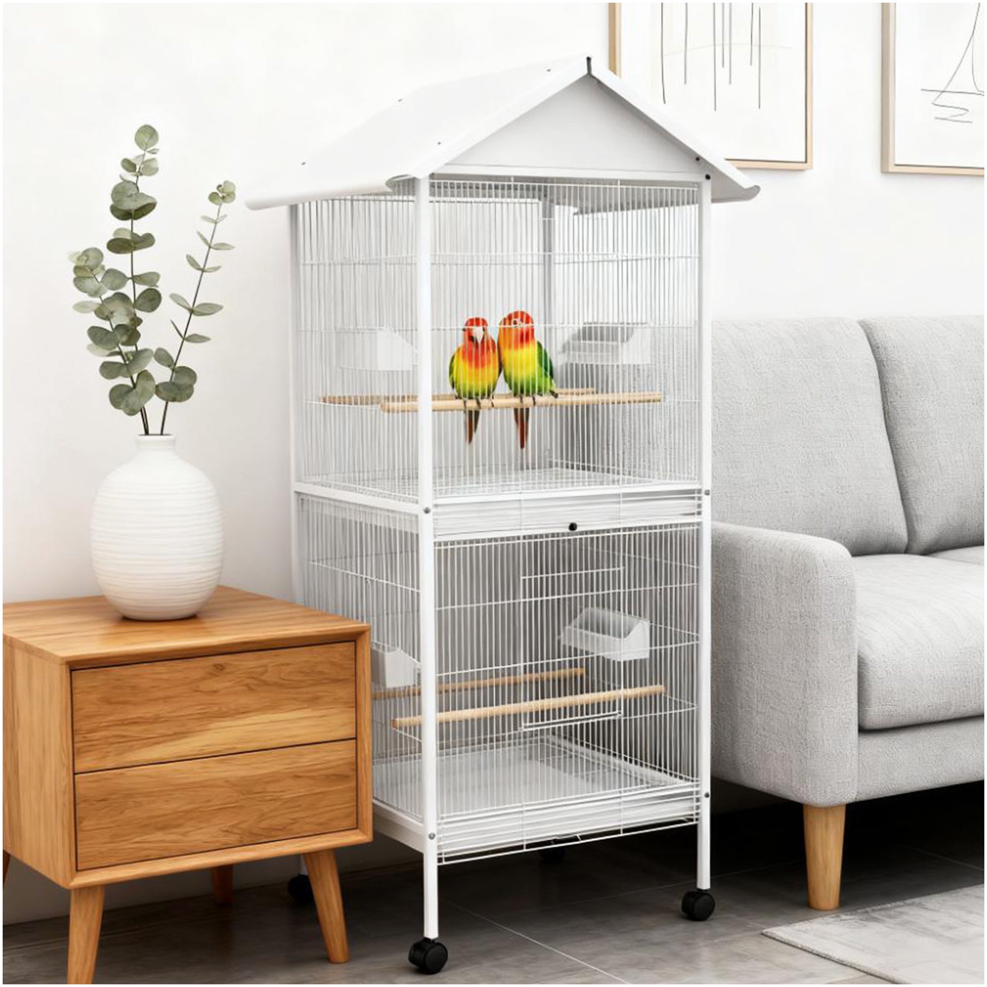 White Metal Bird Cage with Rolling Stand for Small to Medium Birds, Indoor Home Pet Furniture with Perches, Feeding Doors, Storage Shelf and Easy Clean Tray