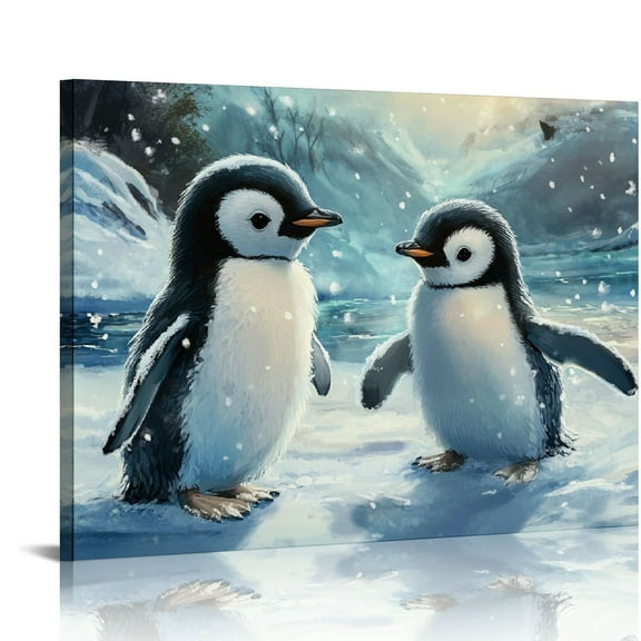 Patifu Penguins Snow Digital Art Canvas Print for Home Decor 20x16in