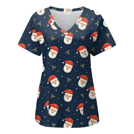 

Christmas Print Working Uniform Lady Santa Womens Short Sleeve V Neck Printed Top Nurses Working T shirts Blouse Pockets Scrubs Uniform Nurses