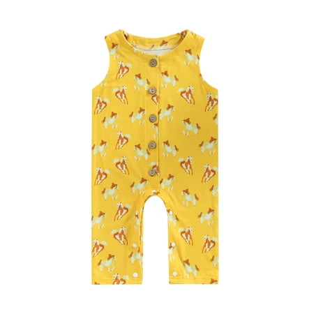 

Frobukio Toddler Baby Boys Girls Jumpsuit Sleeveless Crew Neck Cactus Horse Print Button Closure Summer Romper Yellow Horse 6-12 Months