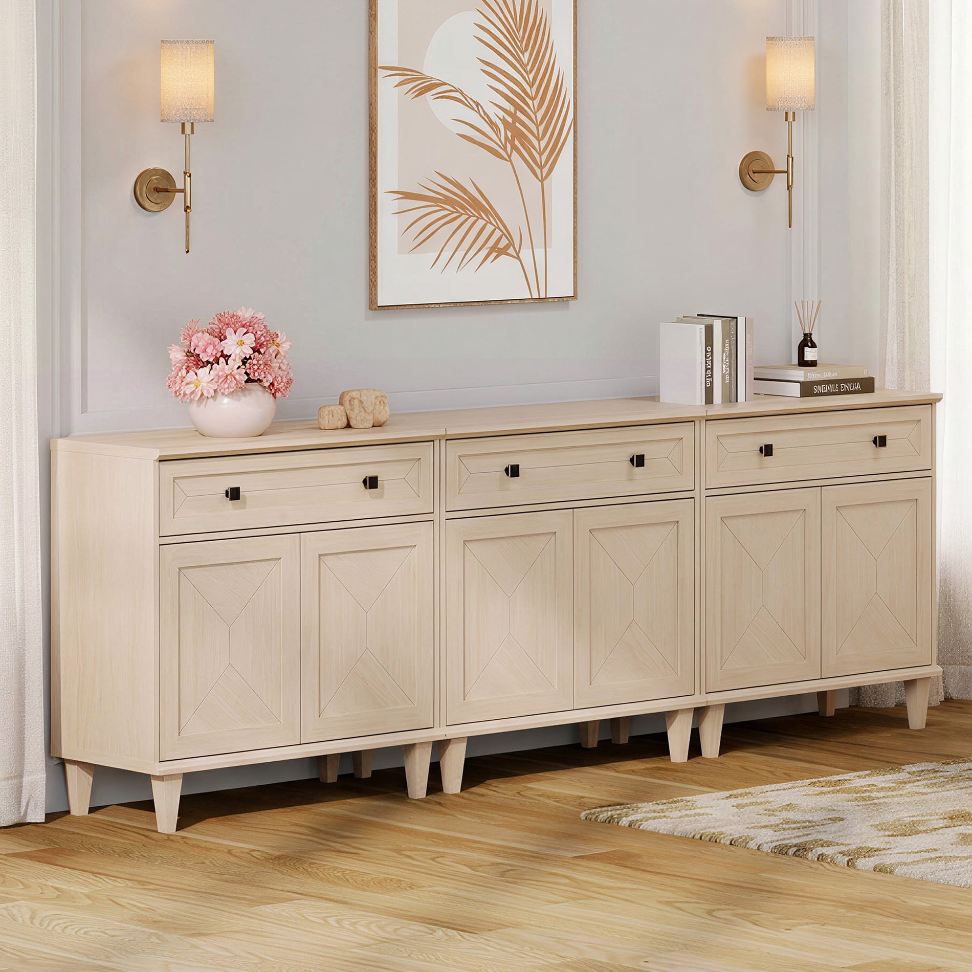WAMPAT 3-in-1 Handmade Patchwork Buffet Cabinets,Beige