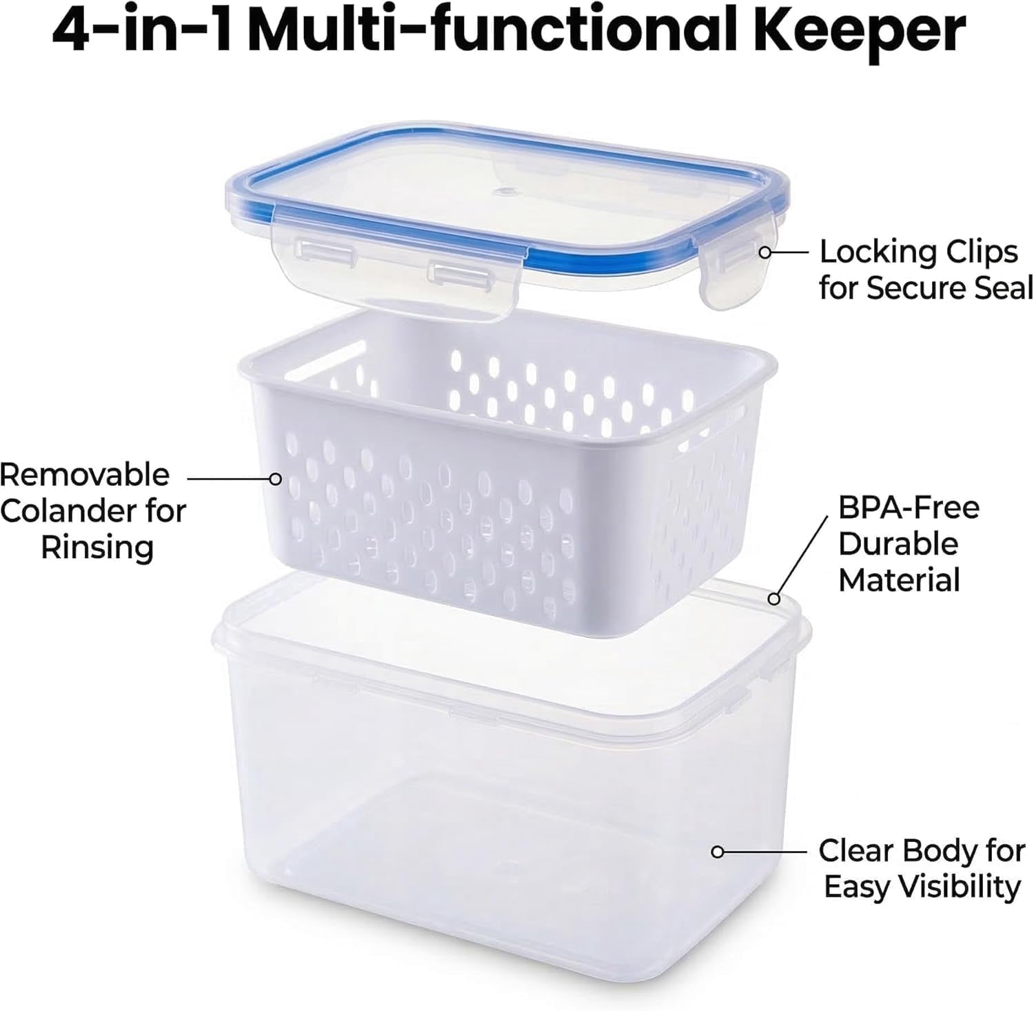 4 in 1 Food Storage Container for Fridge Produce Keeper with Lid and Removable Strainer Vegetable Storage ＆ Multipurpose Large Fruit with Drain Basket (3pcs Black)