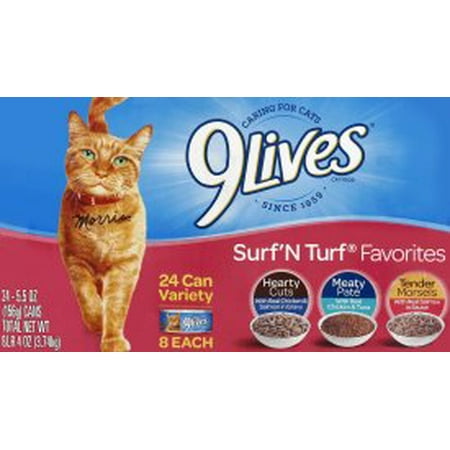 (24 Pack) 9Lives Surf N Turf Favorites Wet Cat Food Variety Pack, 5.5 oz.