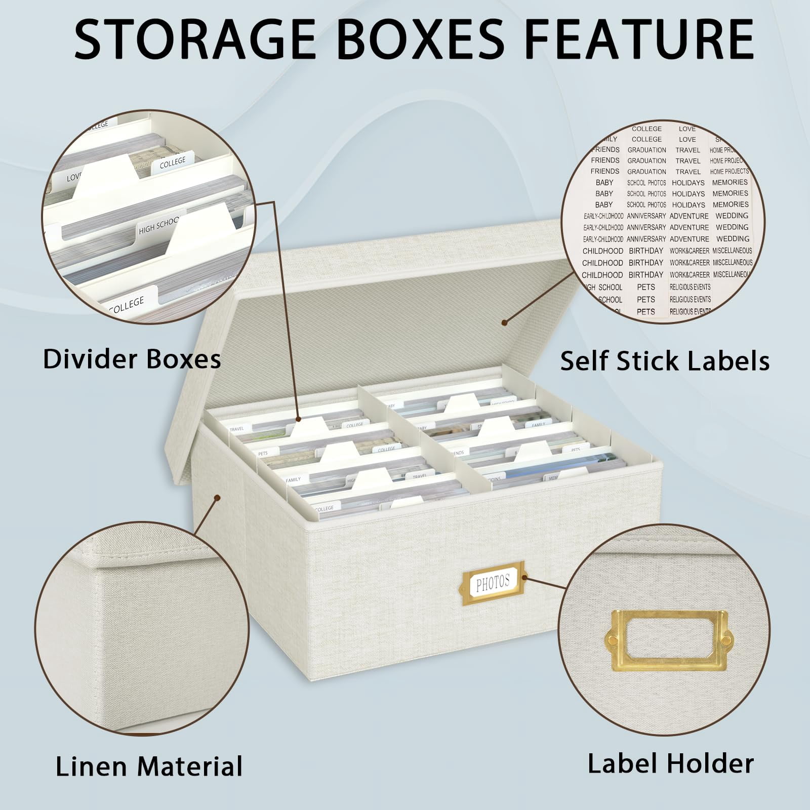 Decorative Photo Storage Box - Linen Organizer With Dividers  Fits Holds Up To 1700 Pictures And 4x6 Photos Memory Keepsake For Scrapbook Supplies Cards (beige)