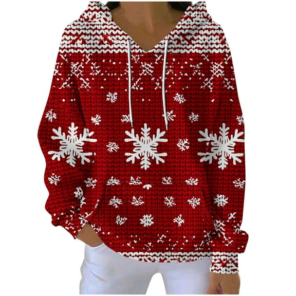 Lorytime Hoodies for Women Fleece Christmas Snowflakes Print Sweatshirt Long Sleeve Pullover with Pocket Tops for Holiday