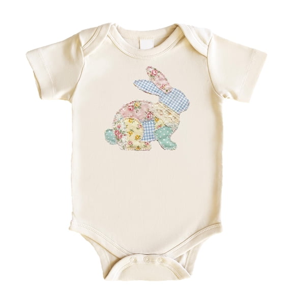 Ink Printed Image NOT a Quilt Patch - Easter Floral Bunny Faux Patchwork Baby Bodysuit Natural Bodysuit 6 Months