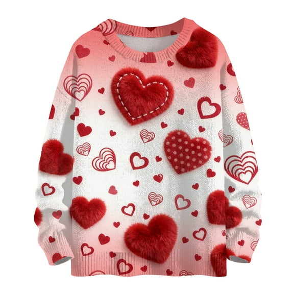 Dwralegc Womens Valentine Sweaters Heart Print Plus Size Sweaters Knitted Long Sleeve Cute Spring Lightweight Pullover Sweatershirt Red 2XL