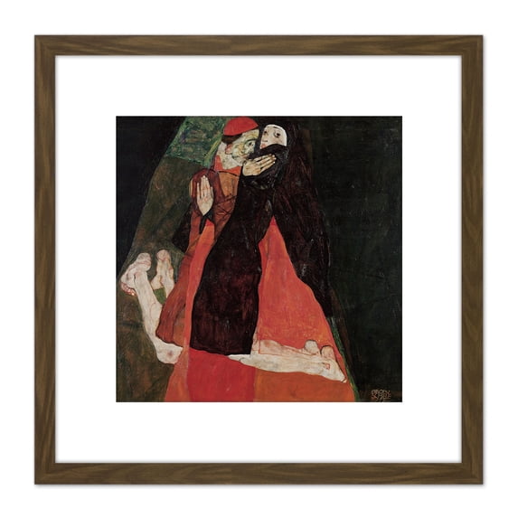 Egon Schiele Cardinal And Nun Caress 8X8 Inch Square Wooden Framed Wall Art Print Picture with Mount