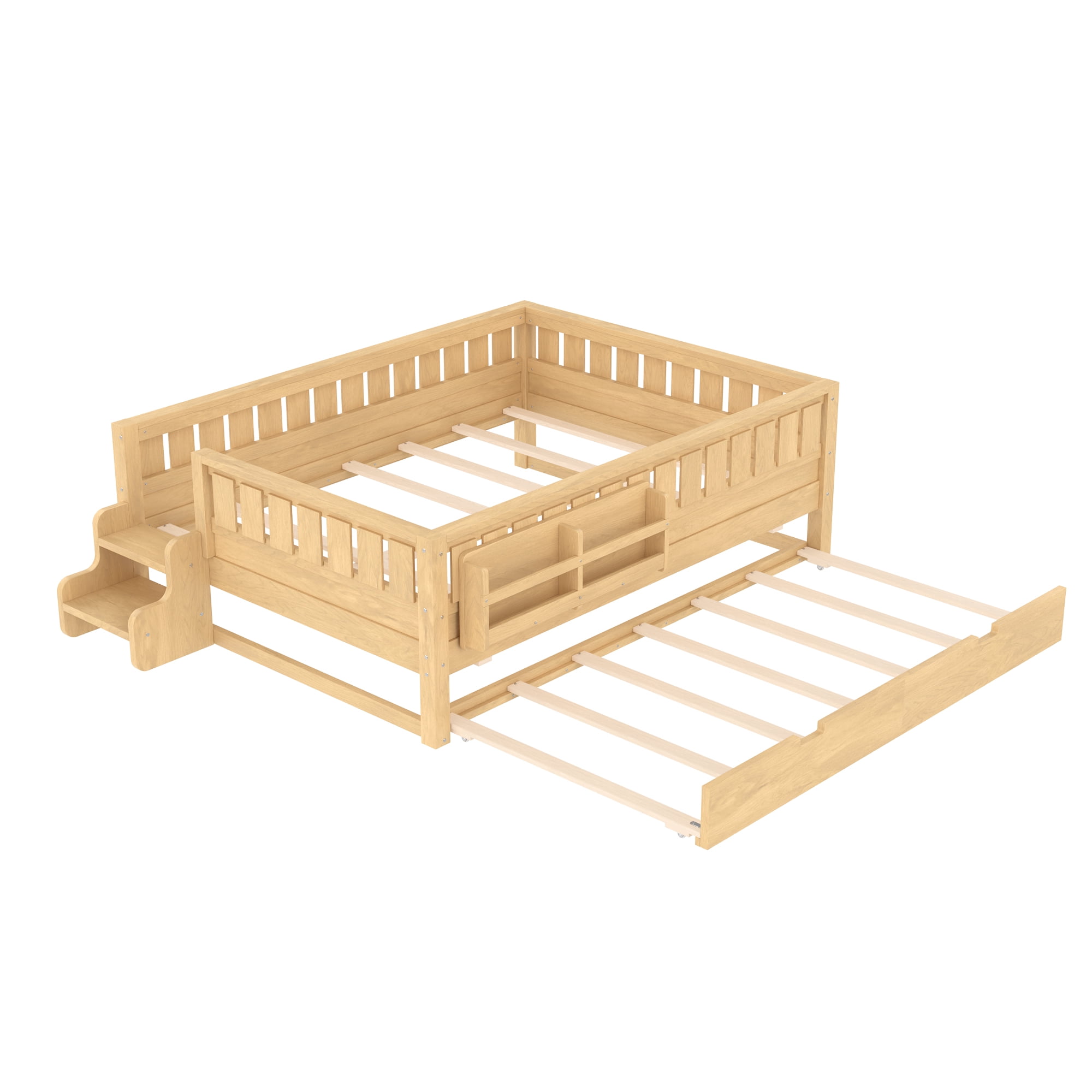 Full Bed with Bookshelf and Trundle 79.1 Inch, Solid Wood Frame with Staircase and Safety Rails, Space-Saving Kids Bed with Storage, Light Natural