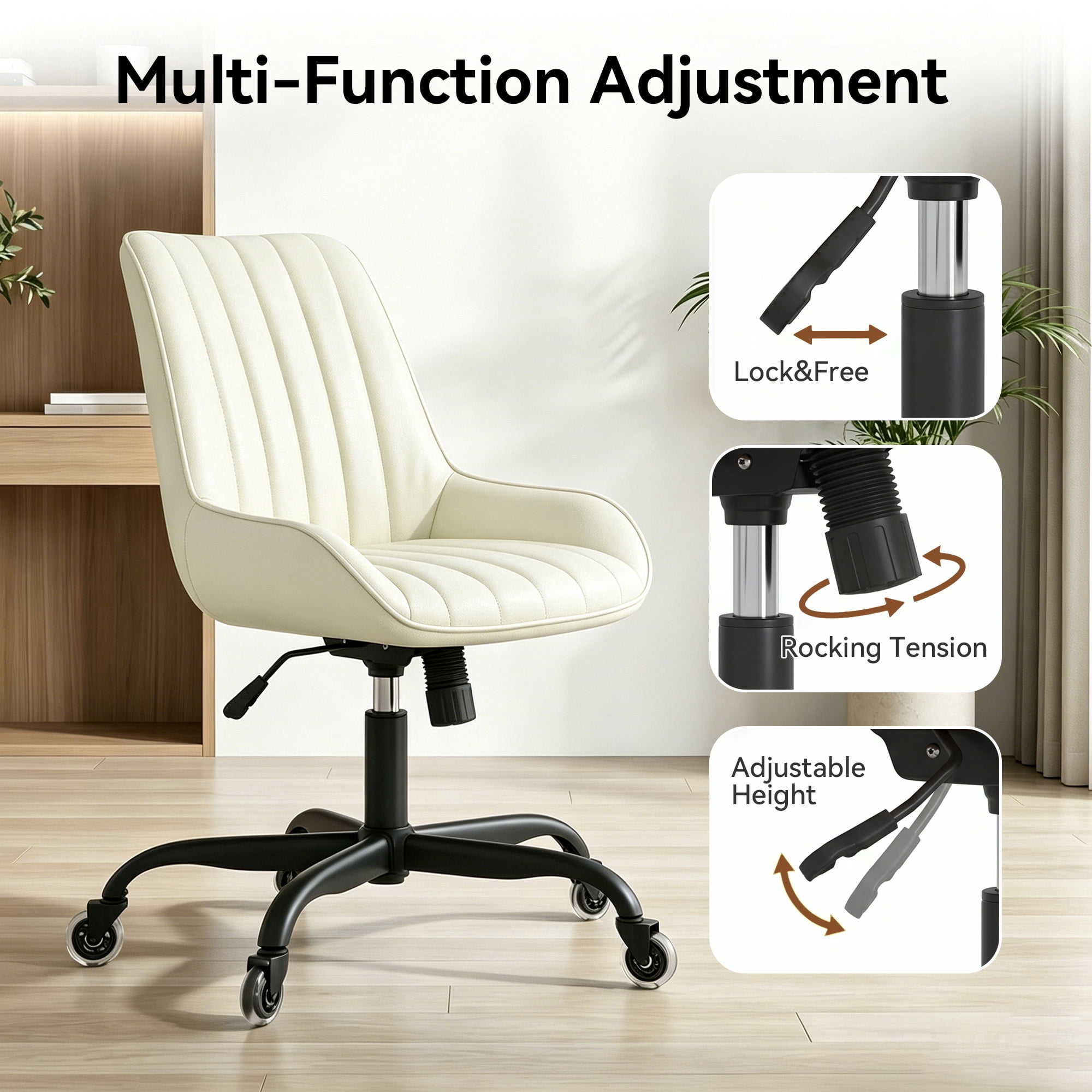 MOONMISS Armless Office Desk Chair Modern Upholstered Faux Leather Swivel Task Chair,Beige