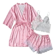 Women's Satin Pajama Set 3pcs Floral Lace Trim Cami Top Lingerie Shorts Sleepwear with Robe PJs Sets for Women
