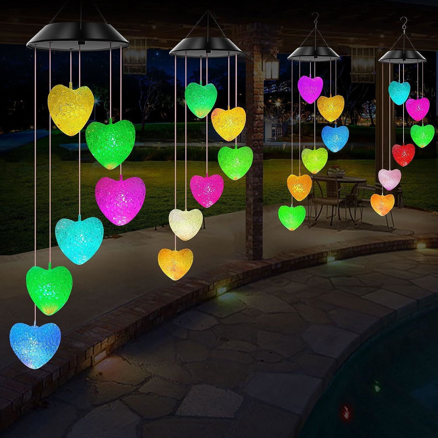 Cfowner Solar Heart Wind Chimes Outdoor, LED Solar Wind Chimes Color Changing Mobile Wind Chime Waterproof Solar Lights,Outdoor Valentines Decorations,Valentine Lights Outdoor