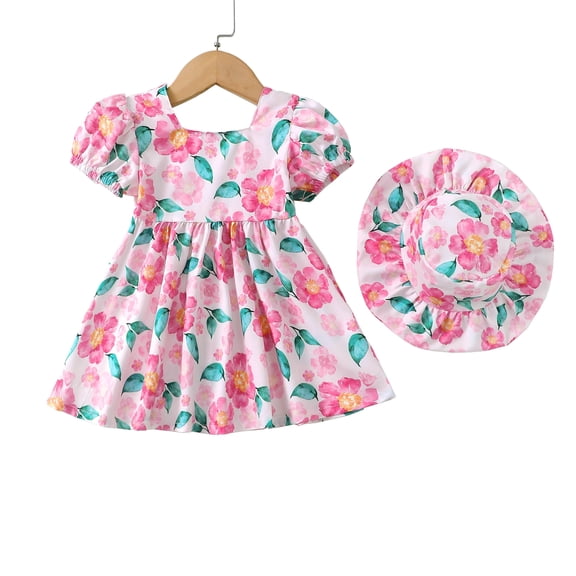 Baby Girls Clothes Toddler Girls Floral Dress 12 Months Girls Summer Dress 18 Months Girls Sundress Short Sleeve Dress with Cute Hat Pink